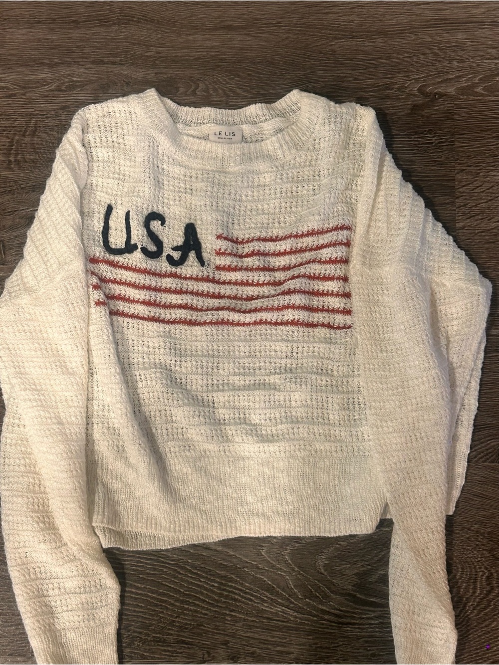 Le Lis Cream Crewneck Sweater with USA Graphic and Red Stripes